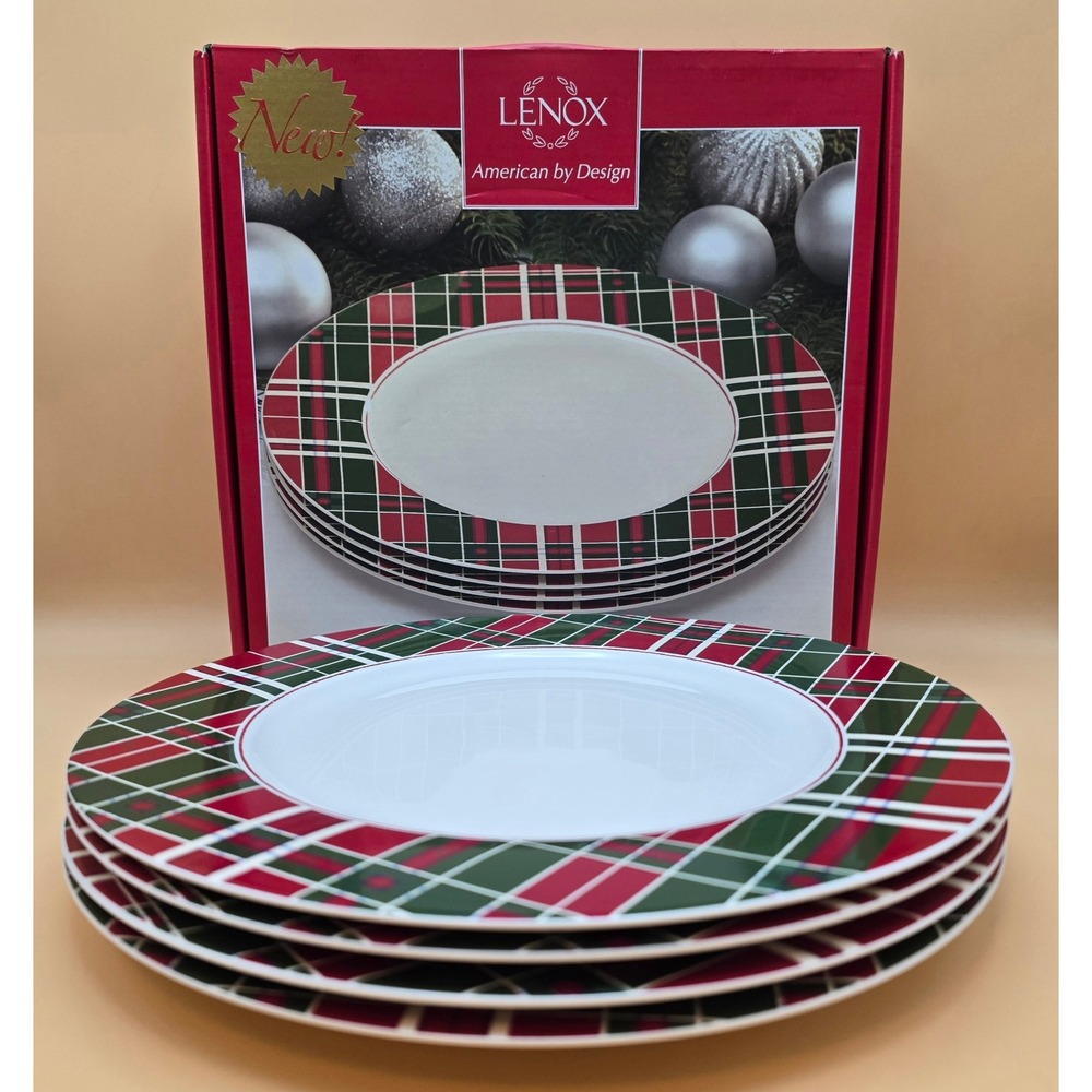 Lenox Vintage Plaid Dinner‎ Plates Set of 4 Red Green Winter Holiday 870676